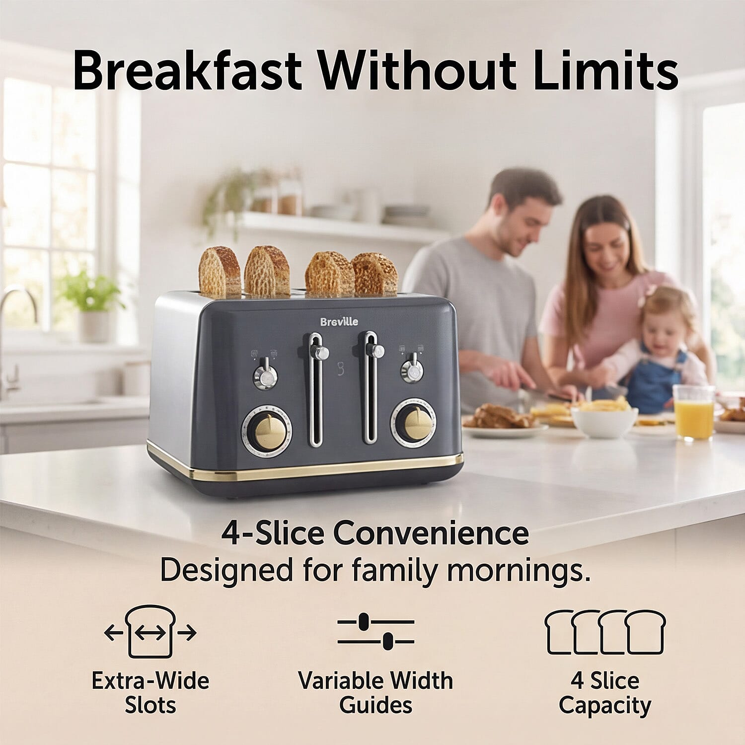 BREVILLE Mostra 4-Slice Toaster - Grey - Gold