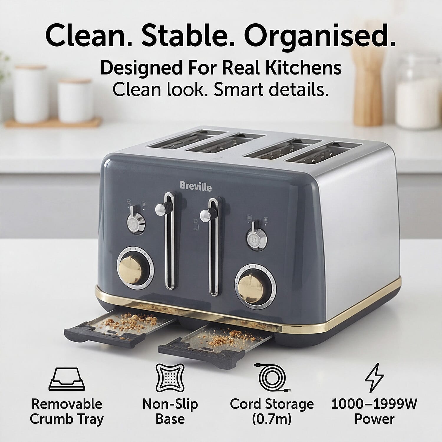 BREVILLE Mostra 4-Slice Toaster - Grey - Gold