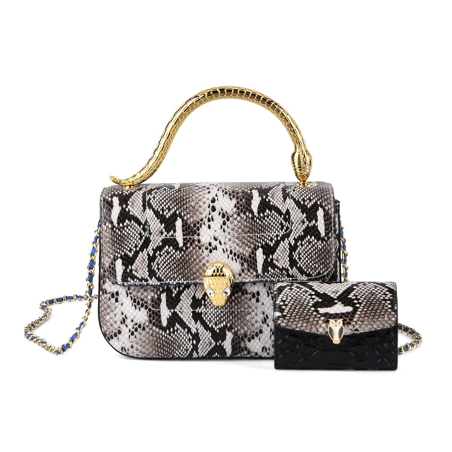 LA MAREY SIGNATURE Set of 2 Genuine Leather Snakeskin Handbag with Detachable Sling Strap & Card Holder - Black & White