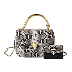 LA MAREY SIGNATURE Set of 2 Genuine Leather Snakeskin Handbag with Detachable Sling Strap & Card Holder - Black & White