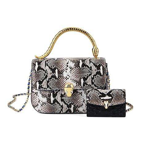 LA MAREY SIGNATURE Set of 2 Genuine Leather Snakeskin Handbag with Detachable Sling Strap & Card Holder - Black & White