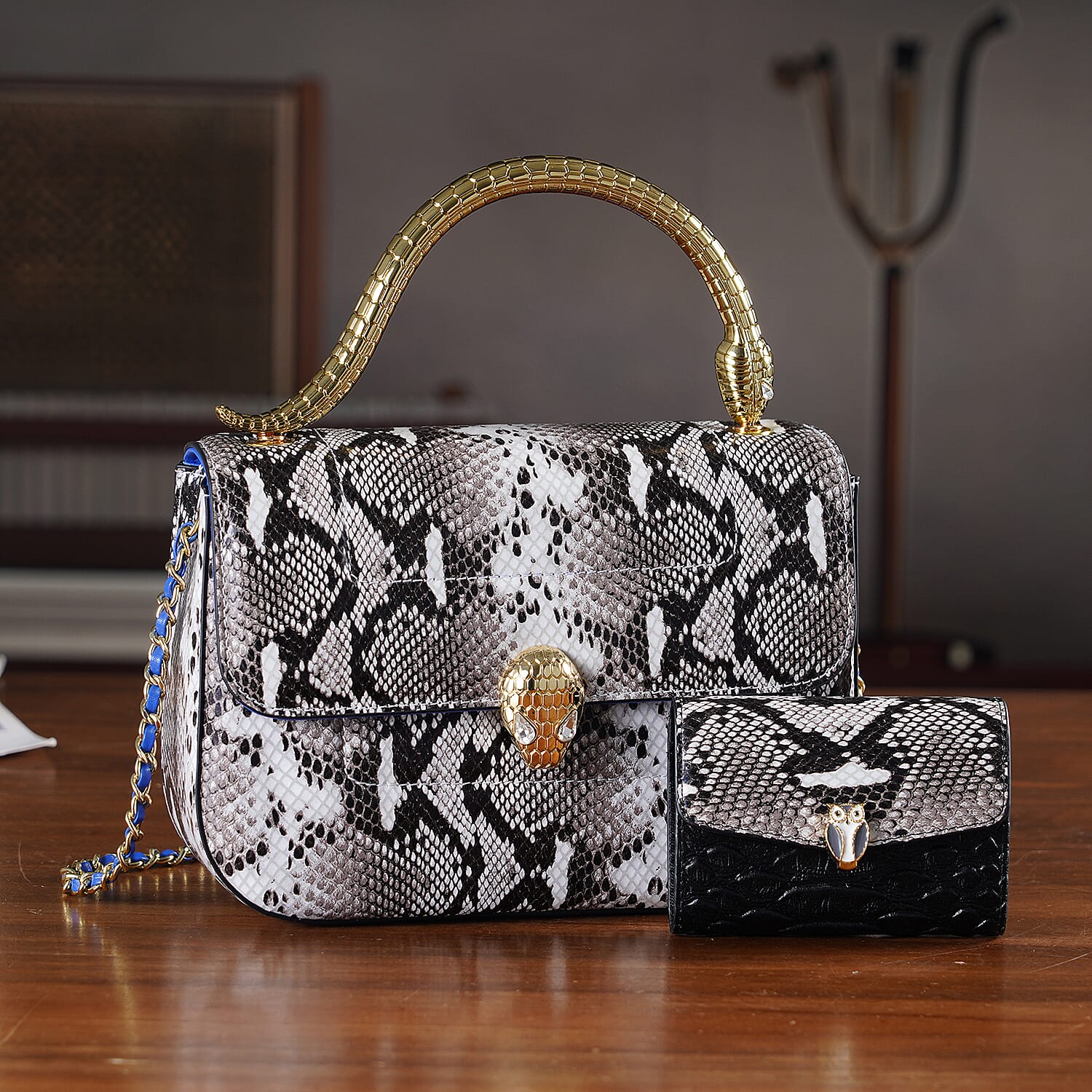 LA MAREY SIGNATURE Set of 2 Genuine Leather Snakeskin Handbag with Detachable Sling Strap & Card Holder - Black & White