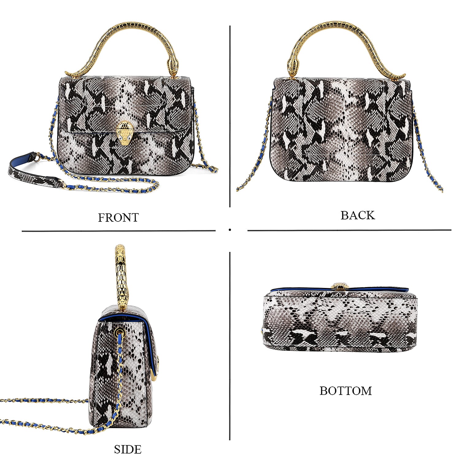 LA MAREY SIGNATURE Set of 2 Genuine Leather Snakeskin Handbag with Detachable Sling Strap & Card Holder - Black & White