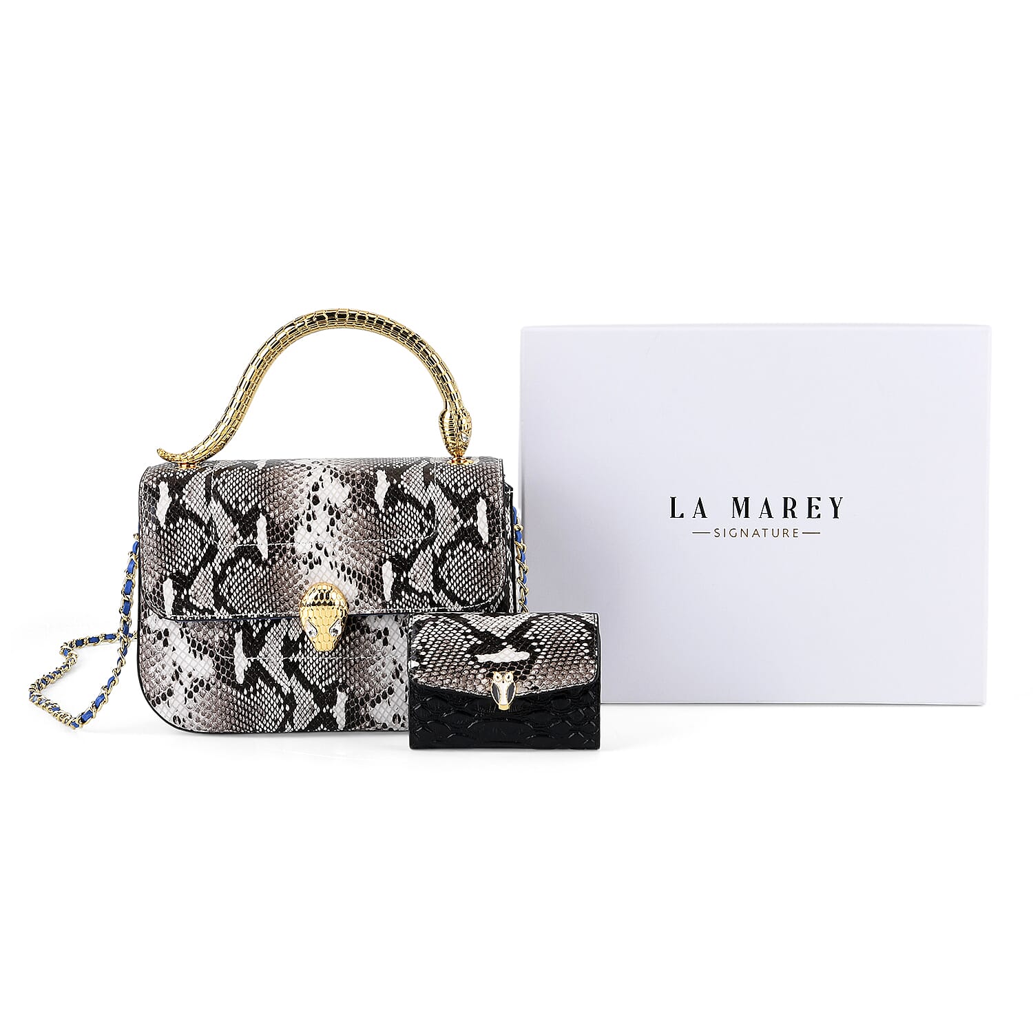 LA MAREY SIGNATURE Set of 2 Genuine Leather Snakeskin Handbag with Detachable Sling Strap & Card Holder - Black & White