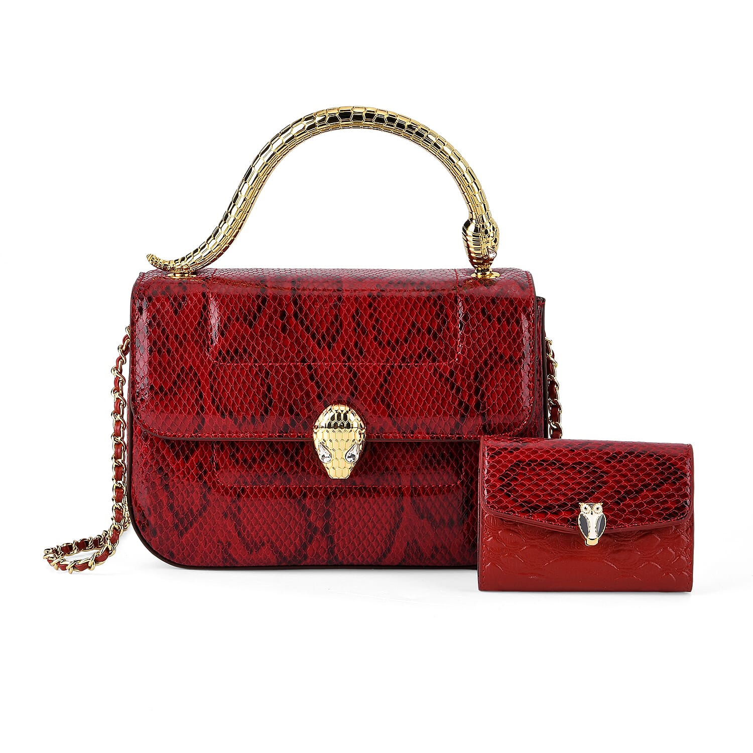 LA MAREY SIGNATURE Set of 2 Genuine Leather Snakeskin Handbag with Detachable Sling Strap & Card Holder - Burgundy