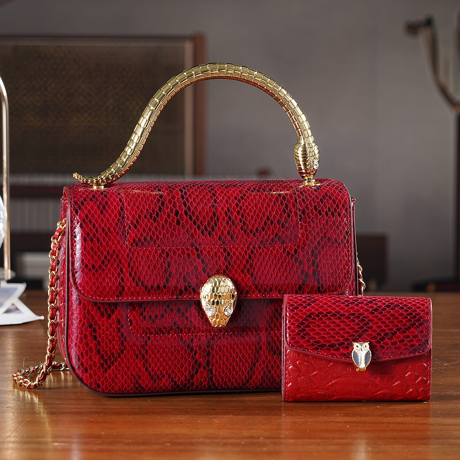 LA MAREY SIGNATURE Set of 2 Genuine Leather Snakeskin Handbag with Detachable Sling Strap & Card Holder - Burgundy
