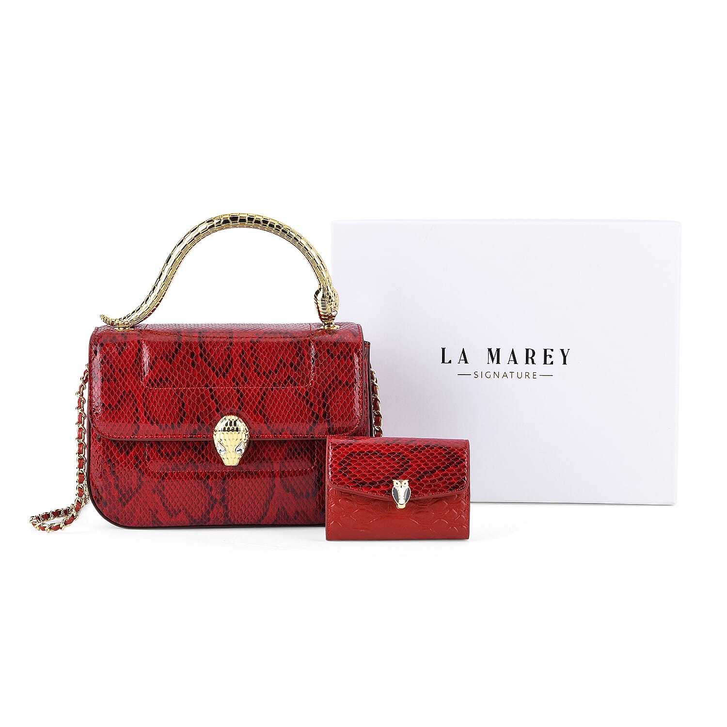 LA MAREY SIGNATURE Set of 2 Genuine Leather Snakeskin Handbag with Detachable Sling Strap & Card Holder - Burgundy