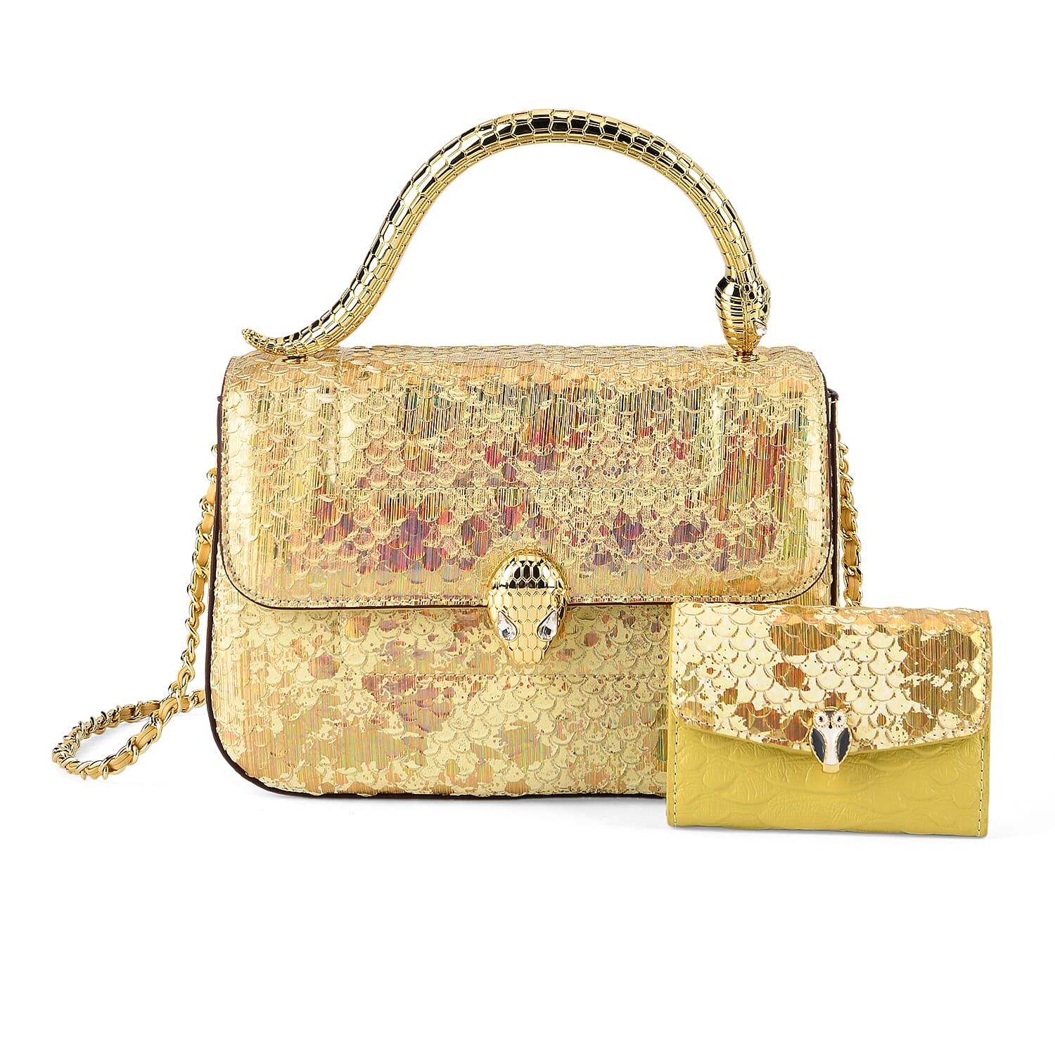 LA MAREY SIGNATURE Set of 2 Genuine Leather Snakeskin Handbag with Detachable Sling Strap & Card Holder - Gold