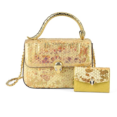 LA MAREY SIGNATURE Set of 2 Genuine Leather Snakeskin Handbag with Detachable Sling Strap & Card Holder - Gold