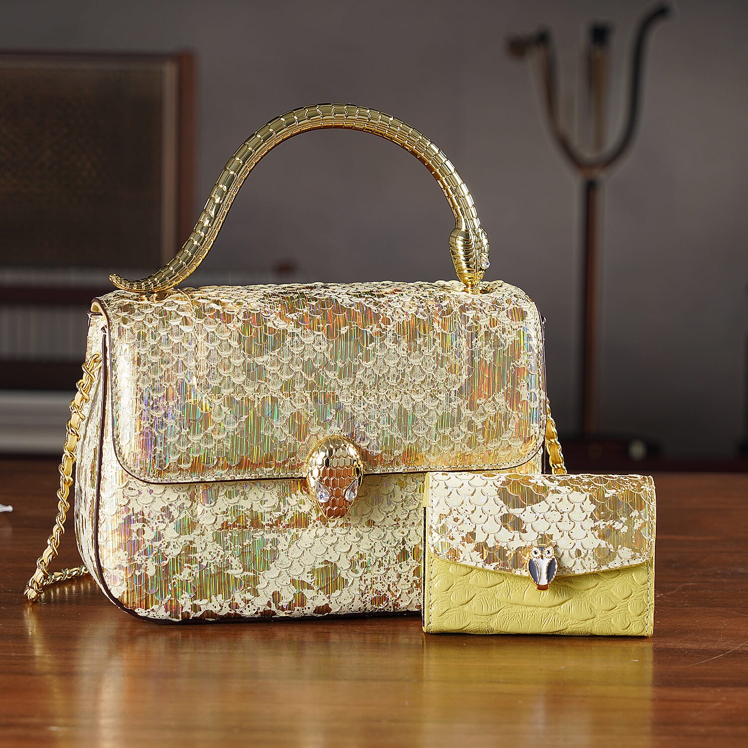LA MAREY SIGNATURE Set of 2 Genuine Leather Snakeskin Handbag with Detachable Sling Strap & Card Holder - Gold