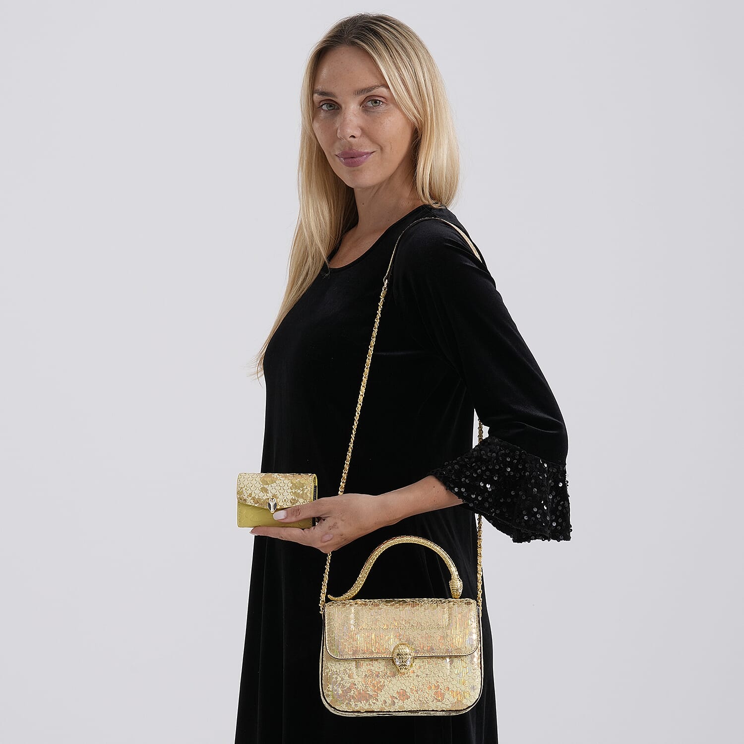 LA MAREY SIGNATURE Set of 2 Genuine Leather Snakeskin Handbag with Detachable Sling Strap & Card Holder - Gold
