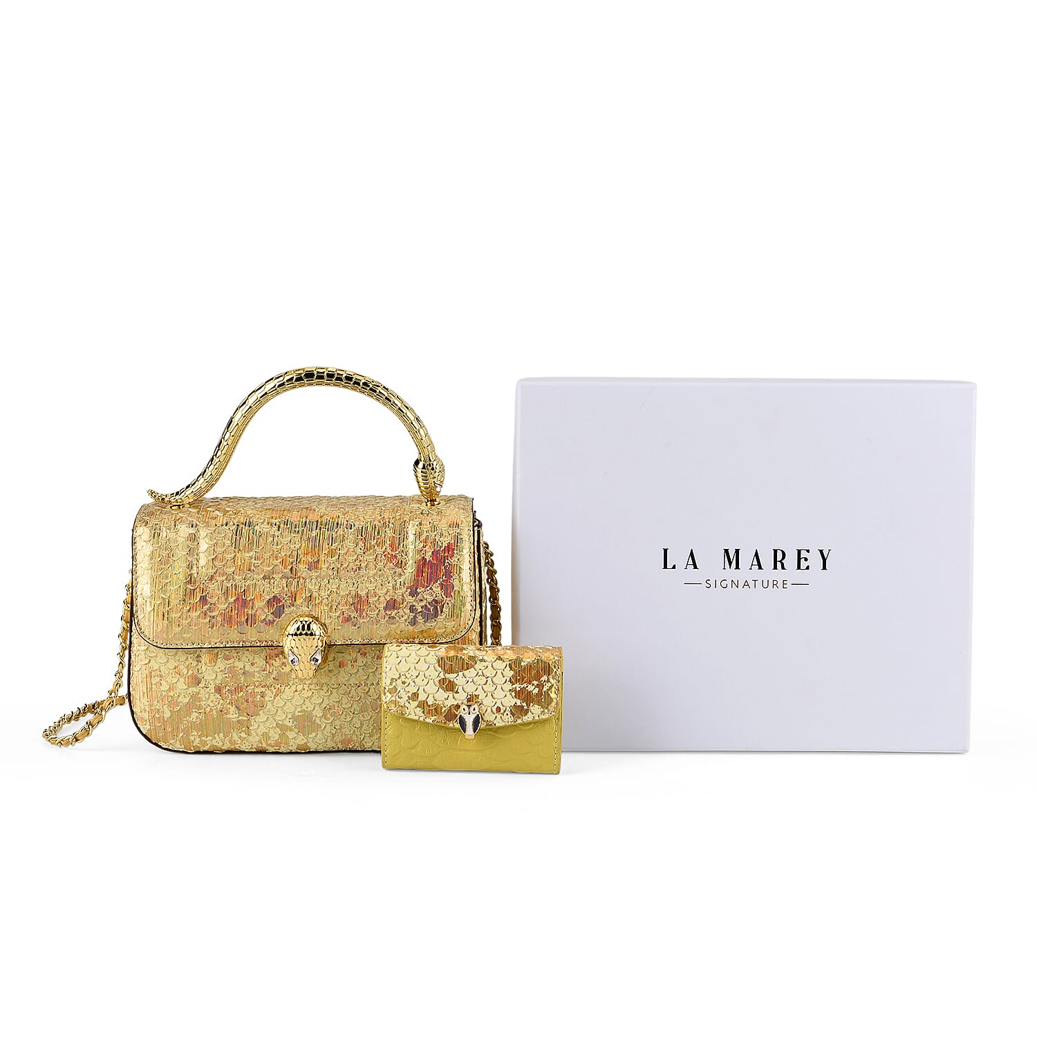 LA MAREY SIGNATURE Set of 2 Genuine Leather Snakeskin Handbag with Detachable Sling Strap & Card Holder - Gold