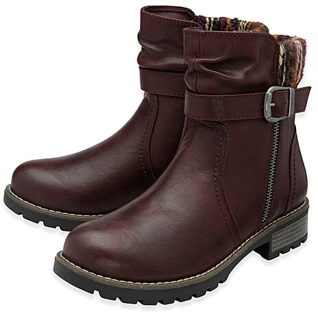 Lotus Triana Womens Comfort Winter Biker Boots With Buckle Detail (Size 3) - Bordo