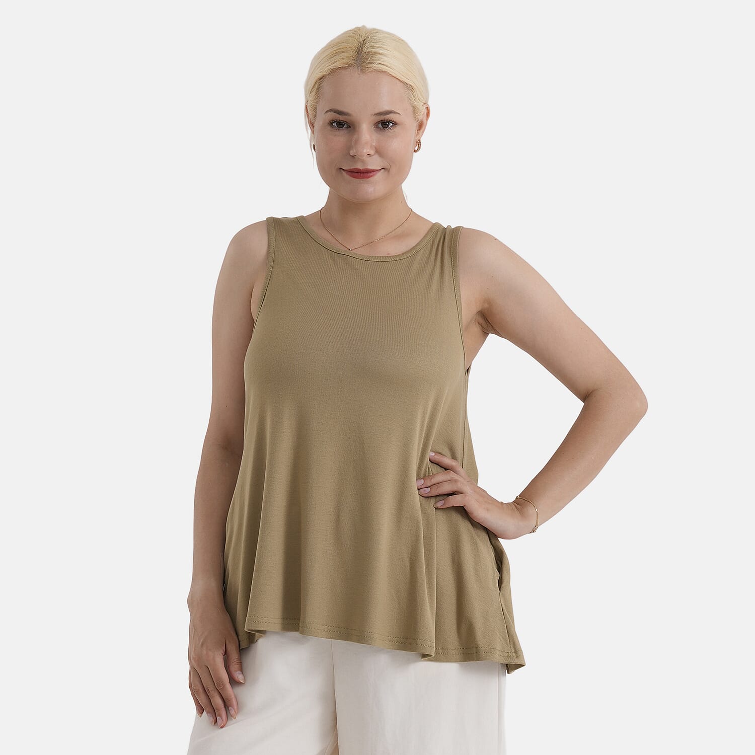 StyledBy Sleeveless Round-neck Blouse with Side Pockets (One Size) - Khaki Green