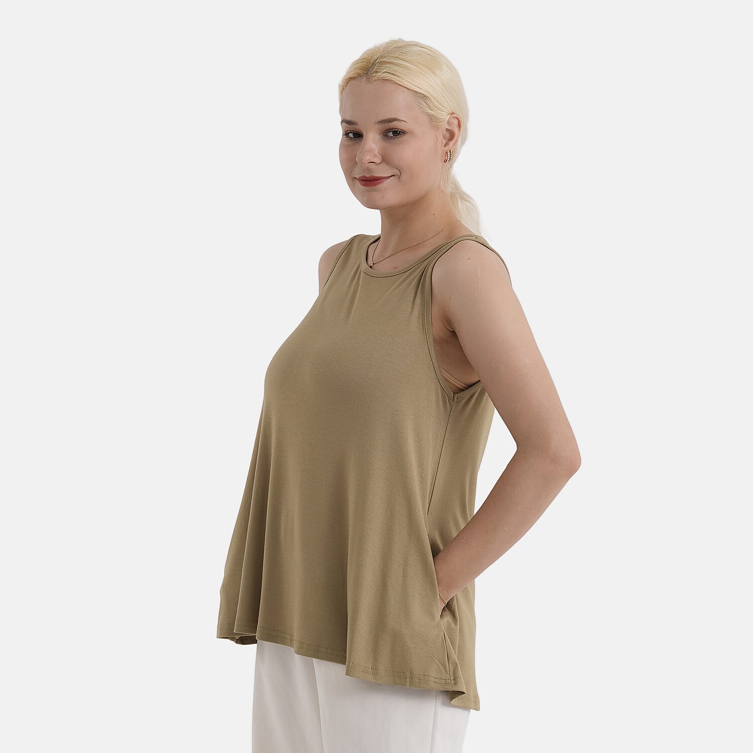 StyledBy Sleeveless Round-neck Blouse with Side Pockets (One Size) - Khaki Green