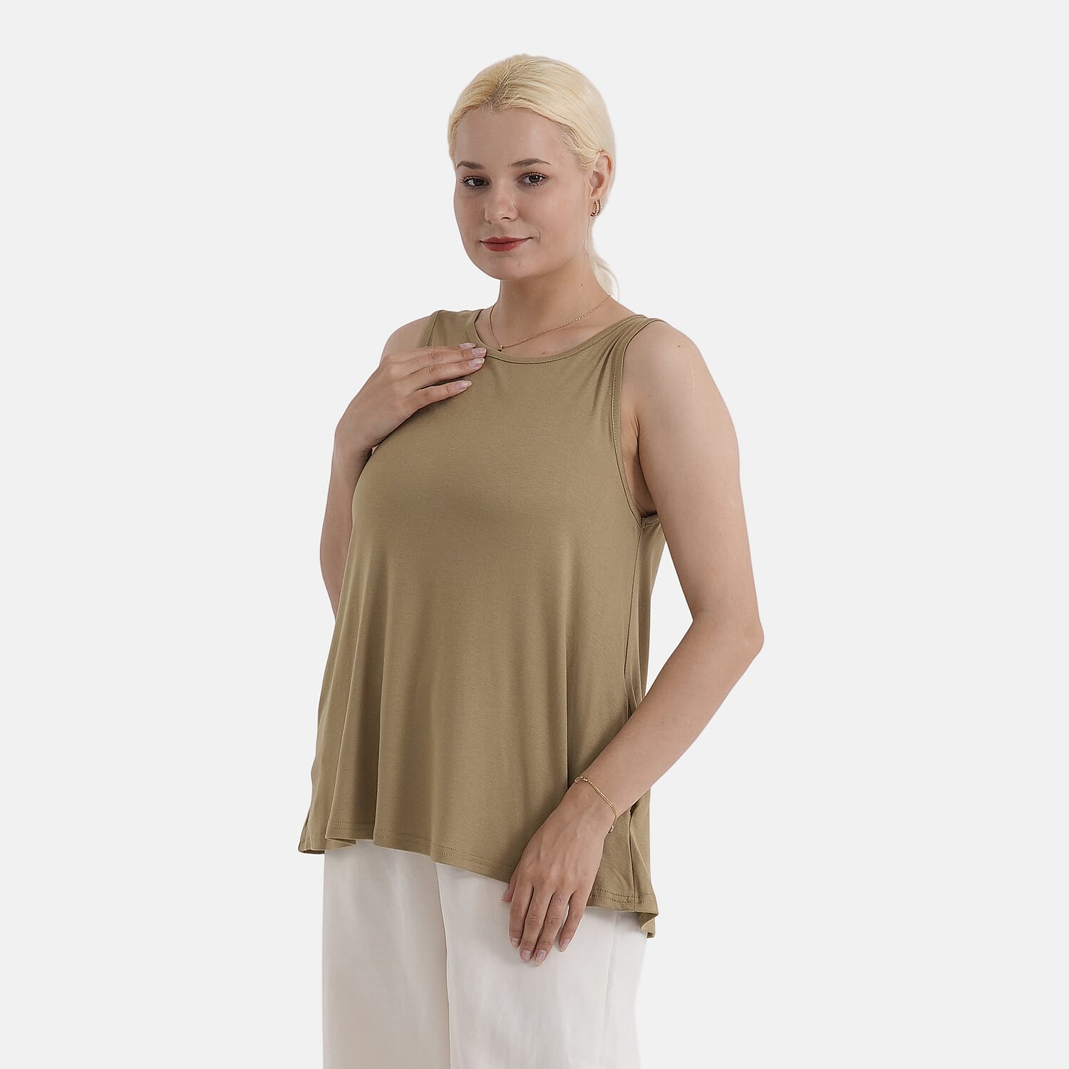 StyledBy Sleeveless Round-neck Blouse with Side Pockets (One Size) - Khaki Green