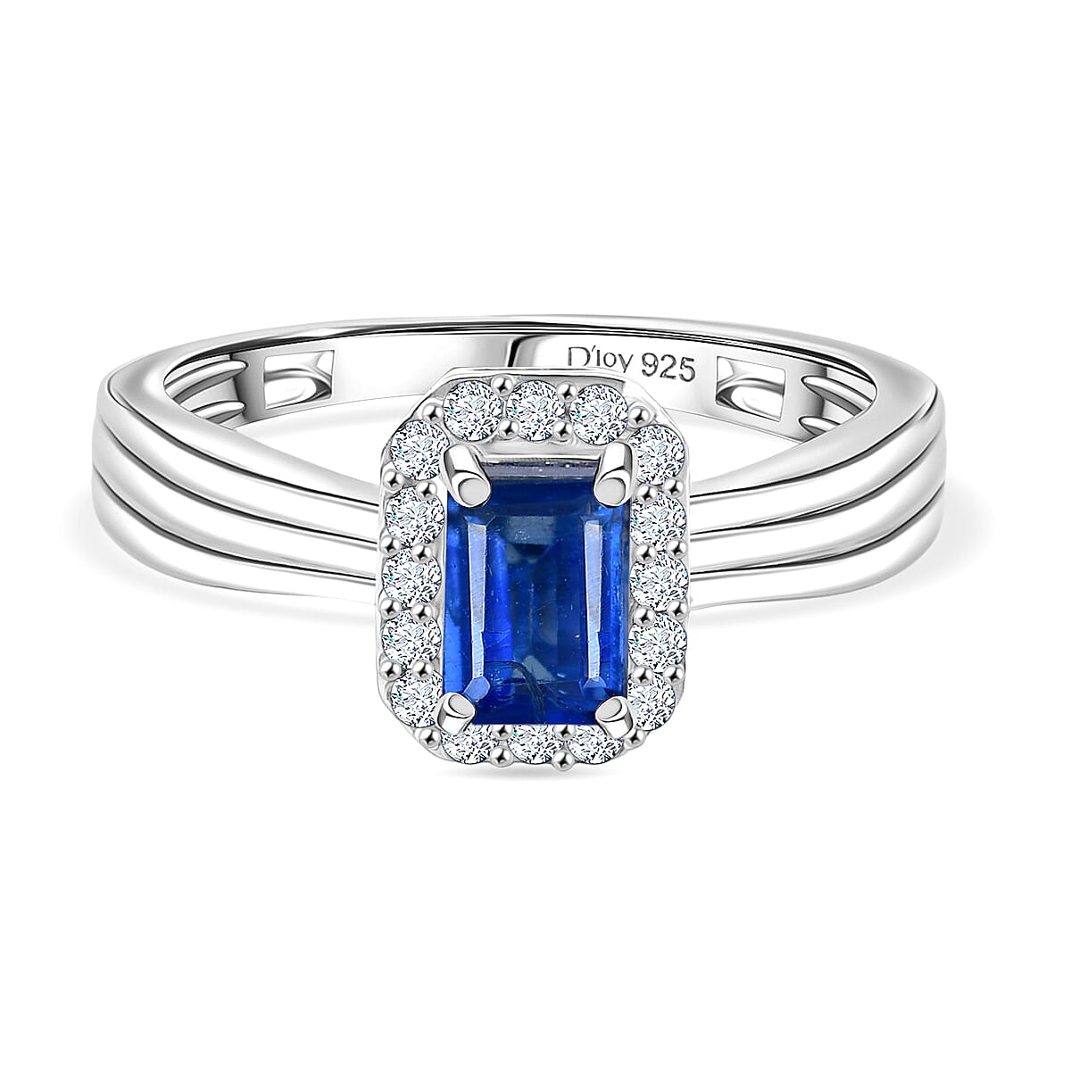D'Joy AAA Natural Kashmir Kyanite Octagon & White Zircon Halo Ring in Platinum Overlay Sterling Silver 0.95 Ct.