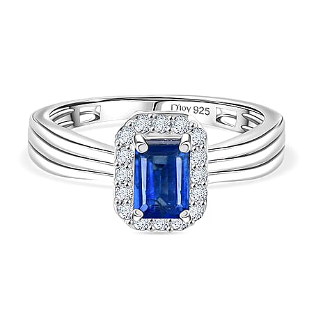 D'Joy AAA Natural Kashmir Kyanite Octagon & White Zircon Halo Ring in Platinum Overlay Sterling Silver 0.95 Ct.
