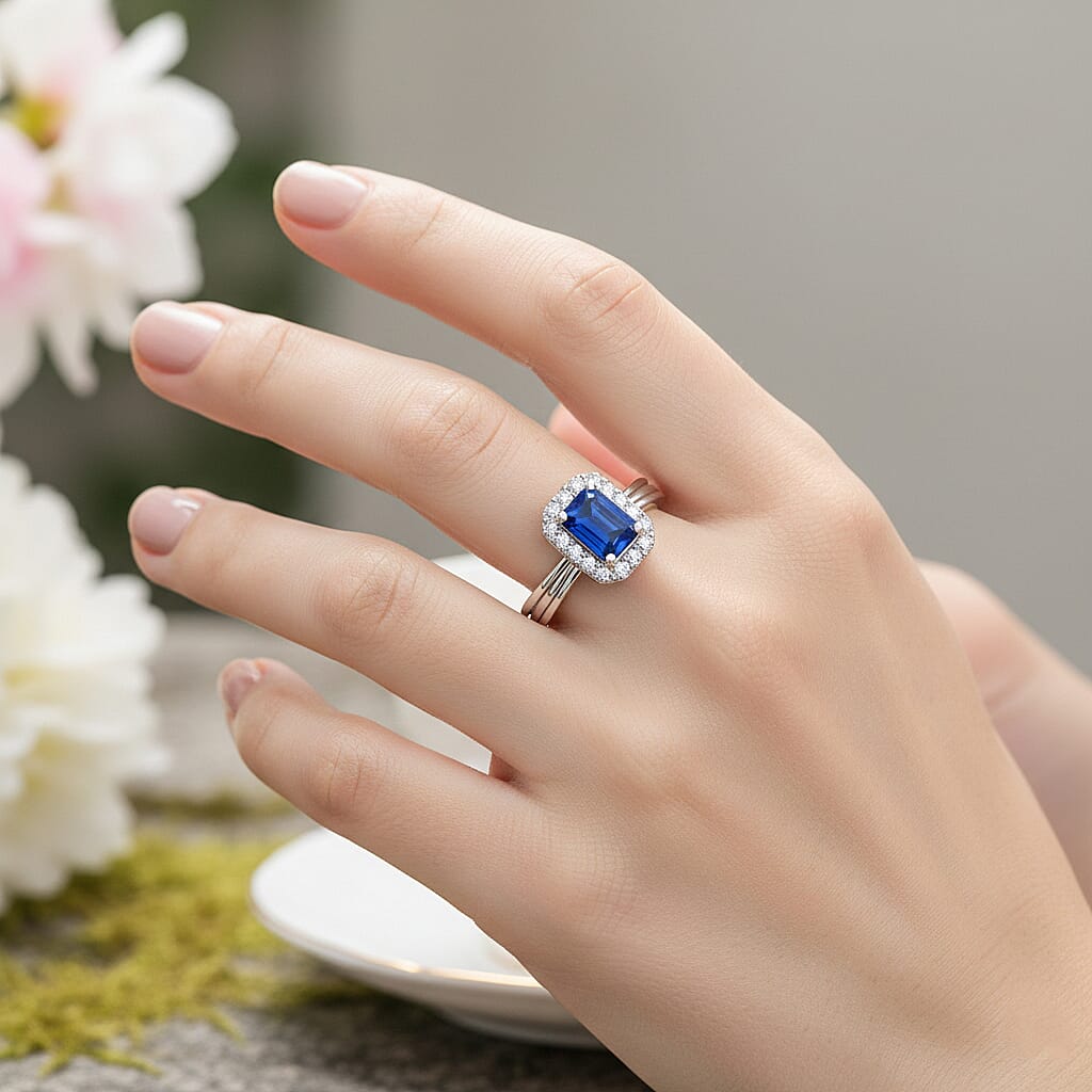 D'Joy AAA Natural Kashmir Kyanite Octagon & White Zircon Halo Ring in Platinum Overlay Sterling Silver 0.95 Ct.
