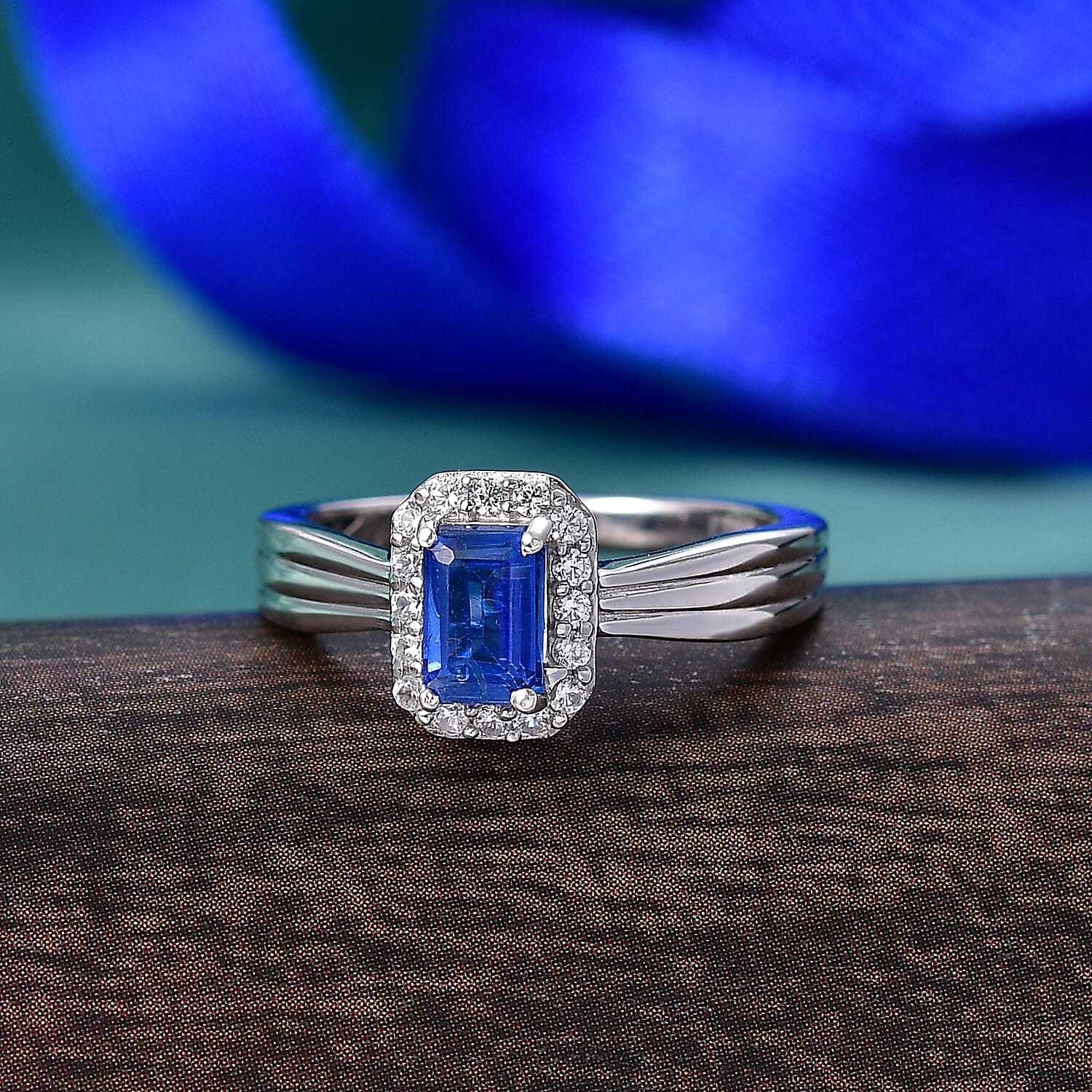D'Joy AAA Natural Kashmir Kyanite Octagon & White Zircon Halo Ring in Platinum Overlay Sterling Silver 0.95 Ct.