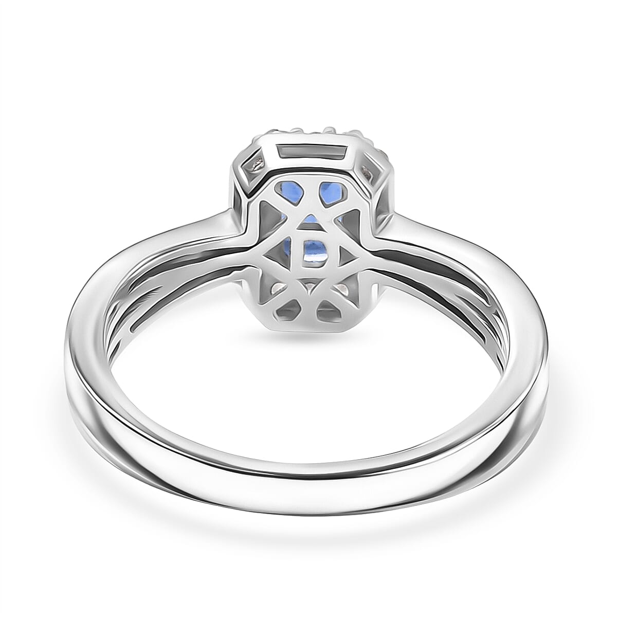 D'Joy AAA Natural Kashmir Kyanite Octagon & White Zircon Halo Ring in Platinum Overlay Sterling Silver 0.95 Ct.