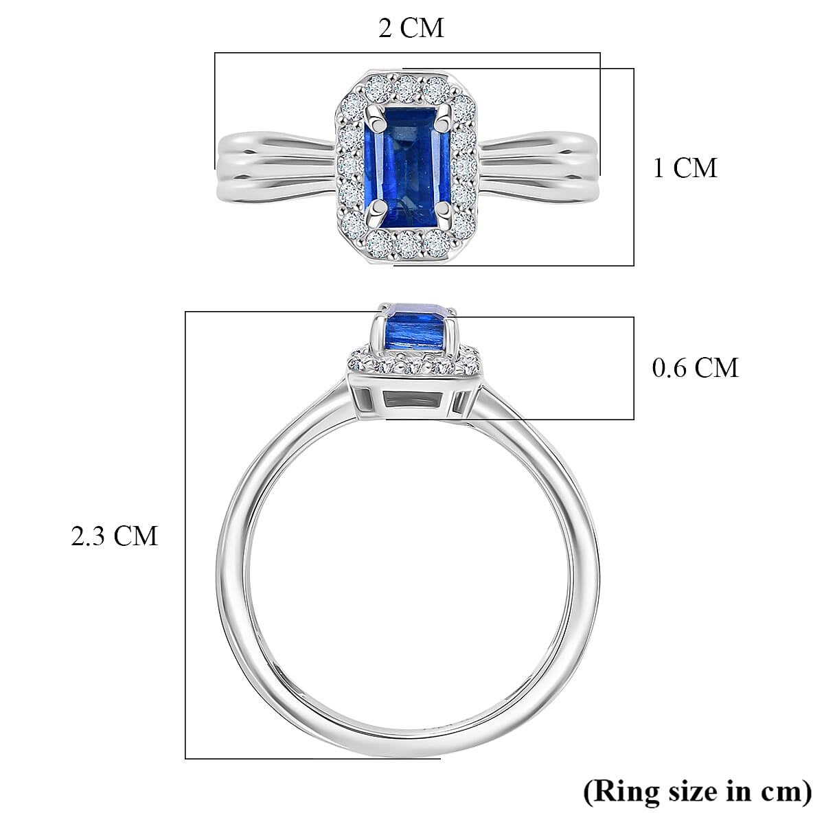 D'Joy AAA Natural Kashmir Kyanite Octagon & White Zircon Halo Ring in Platinum Overlay Sterling Silver 0.95 Ct.