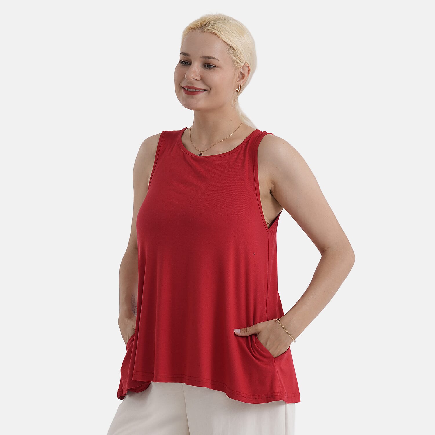 Styled by Round Neck Sleeveless Blouse (One Size) - Red