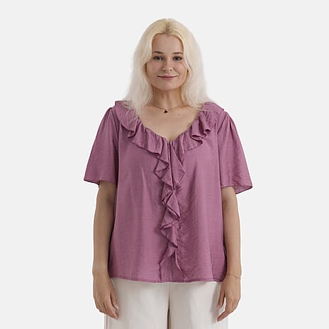 - Maisi Ruffled Neck Detail Short-Sleeve Blouse (Size - S) - Dusty Pink