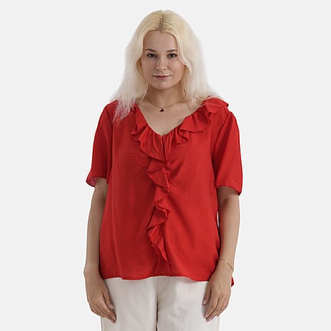- Maisi Ruffled Neck Detail Short-Sleeve Blouse (Size - S) - Red