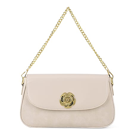 Designer Inspired - Convertible Clutch & Baguette Shoulder Bag with Chain Strap - Off White