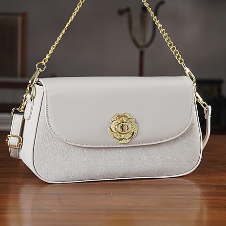 Designer Inspired - Convertible Clutch & Baguette Shoulder Bag with Chain Strap - Off White