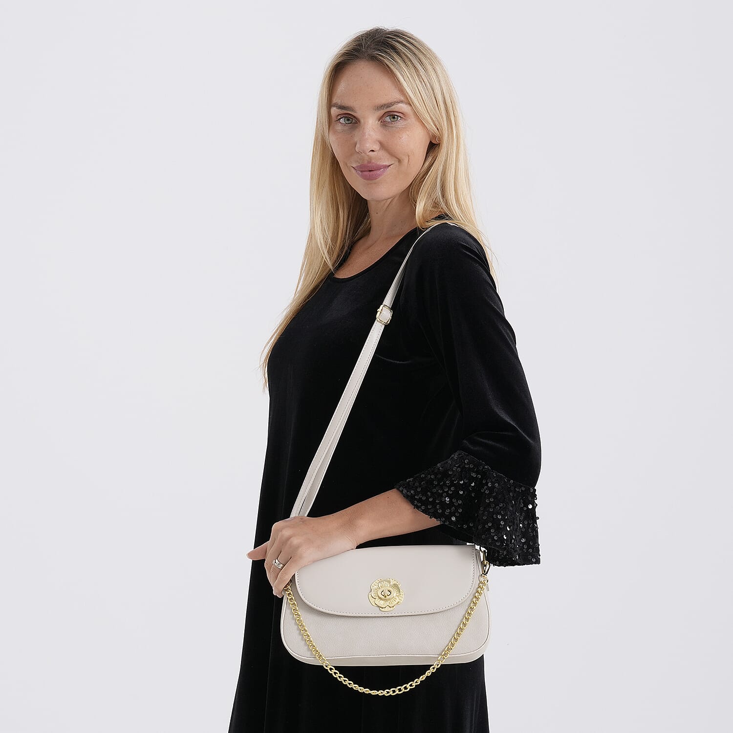 Designer Inspired - Convertible Clutch & Baguette Shoulder Bag with Chain Strap - Off White