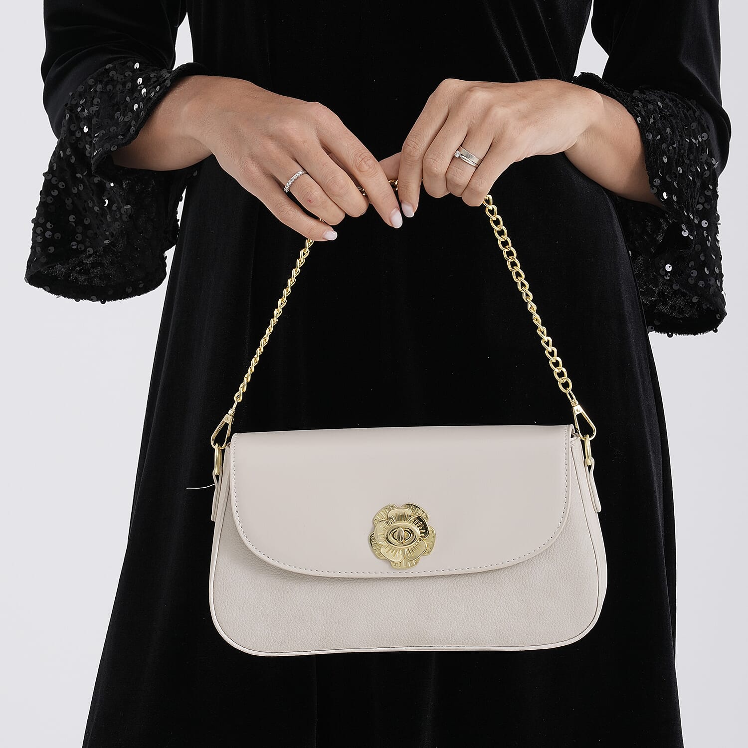 Designer Inspired - Convertible Clutch & Baguette Shoulder Bag with Chain Strap - Off White