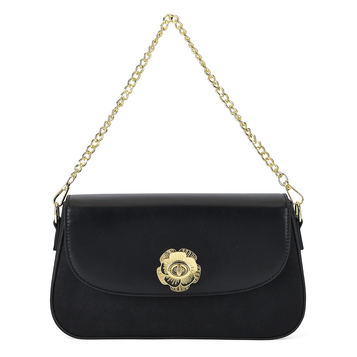 Designer Inspired - Convertible Clutch & Baguette Shoulder Bag with Chain Strap - Black