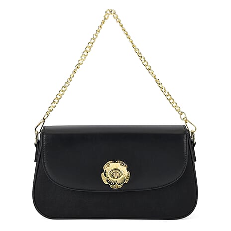 Designer Inspired - Convertible Clutch & Baguette Shoulder Bag with Chain Strap - Black