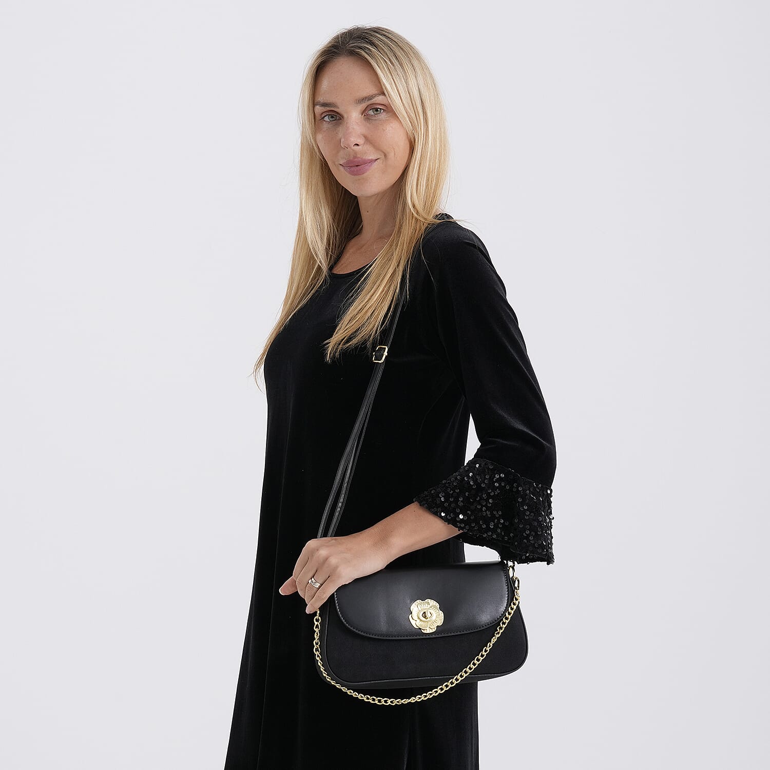 Designer Inspired - Convertible Clutch & Baguette Shoulder Bag with Chain Strap - Black