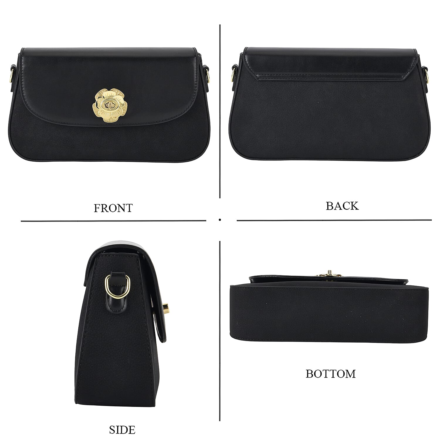 Designer Inspired - Convertible Clutch & Baguette Shoulder Bag with Chain Strap - Black