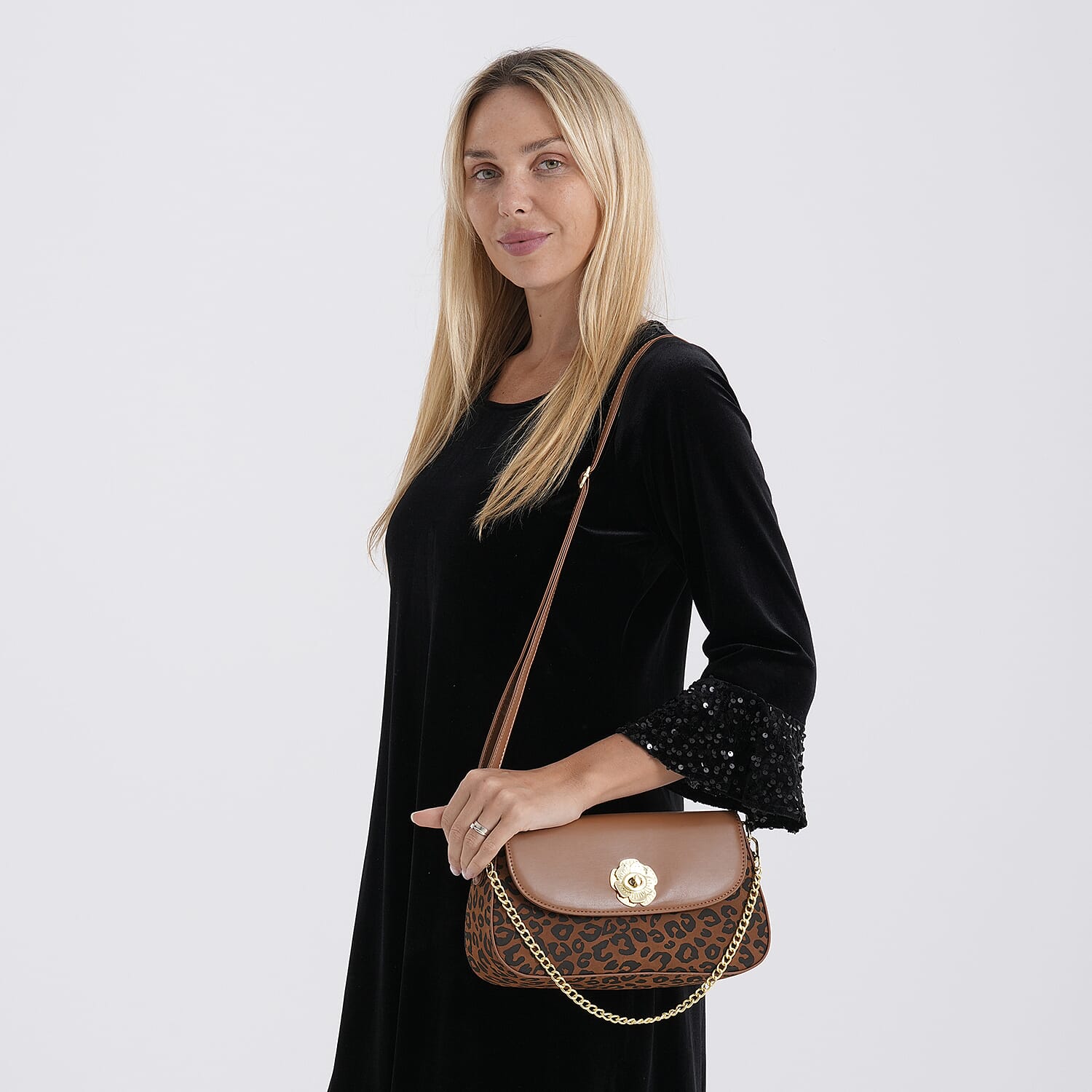 Designer Inspired - Convertible Clutch & Baguette Shoulder Bag with Chain Strap - Light Brown