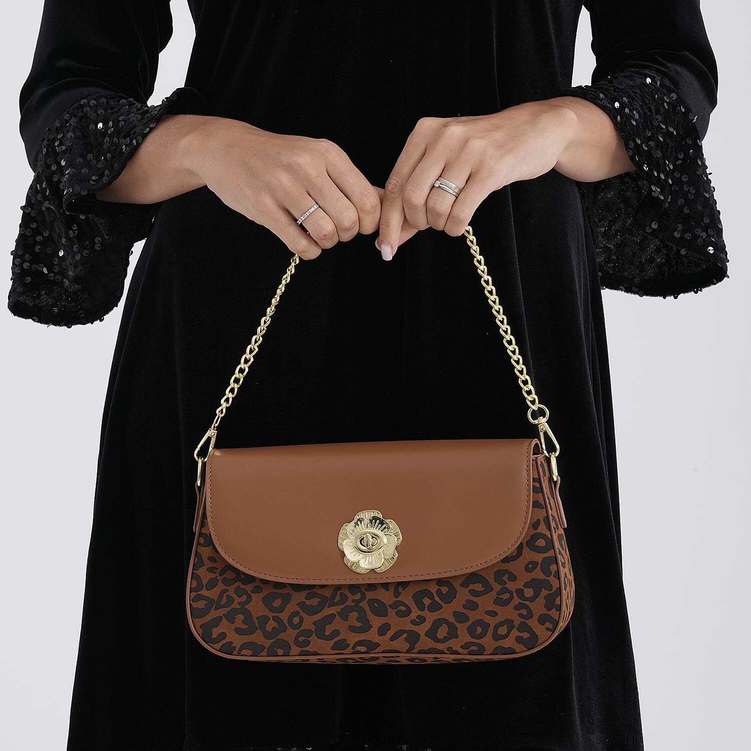Designer Inspired - Convertible Clutch & Baguette Shoulder Bag with Chain Strap - Light Brown