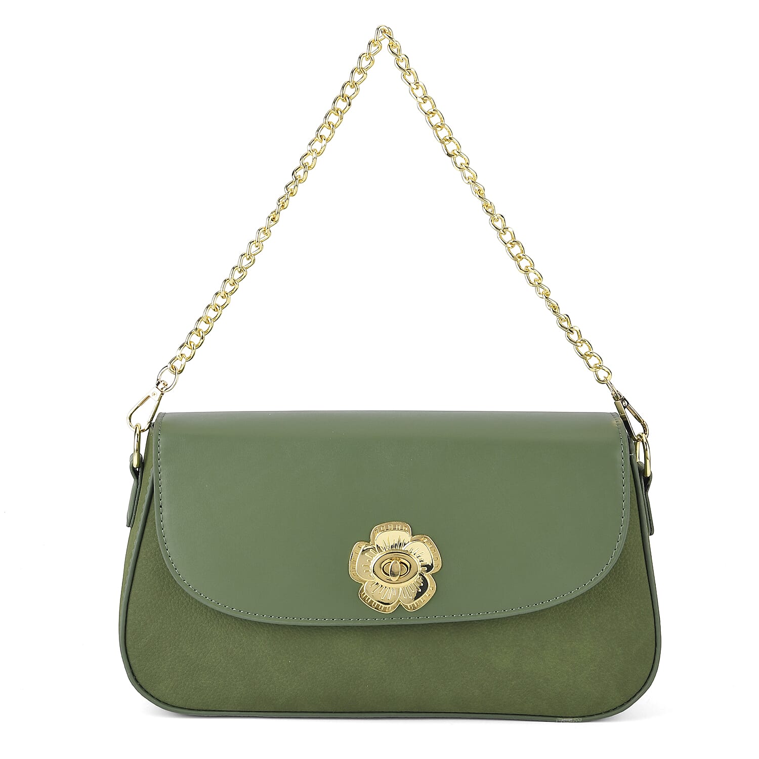 Designer Inspired - Convertible Clutch & Baguette Shoulder Bag with Chain Strap - Pine Green