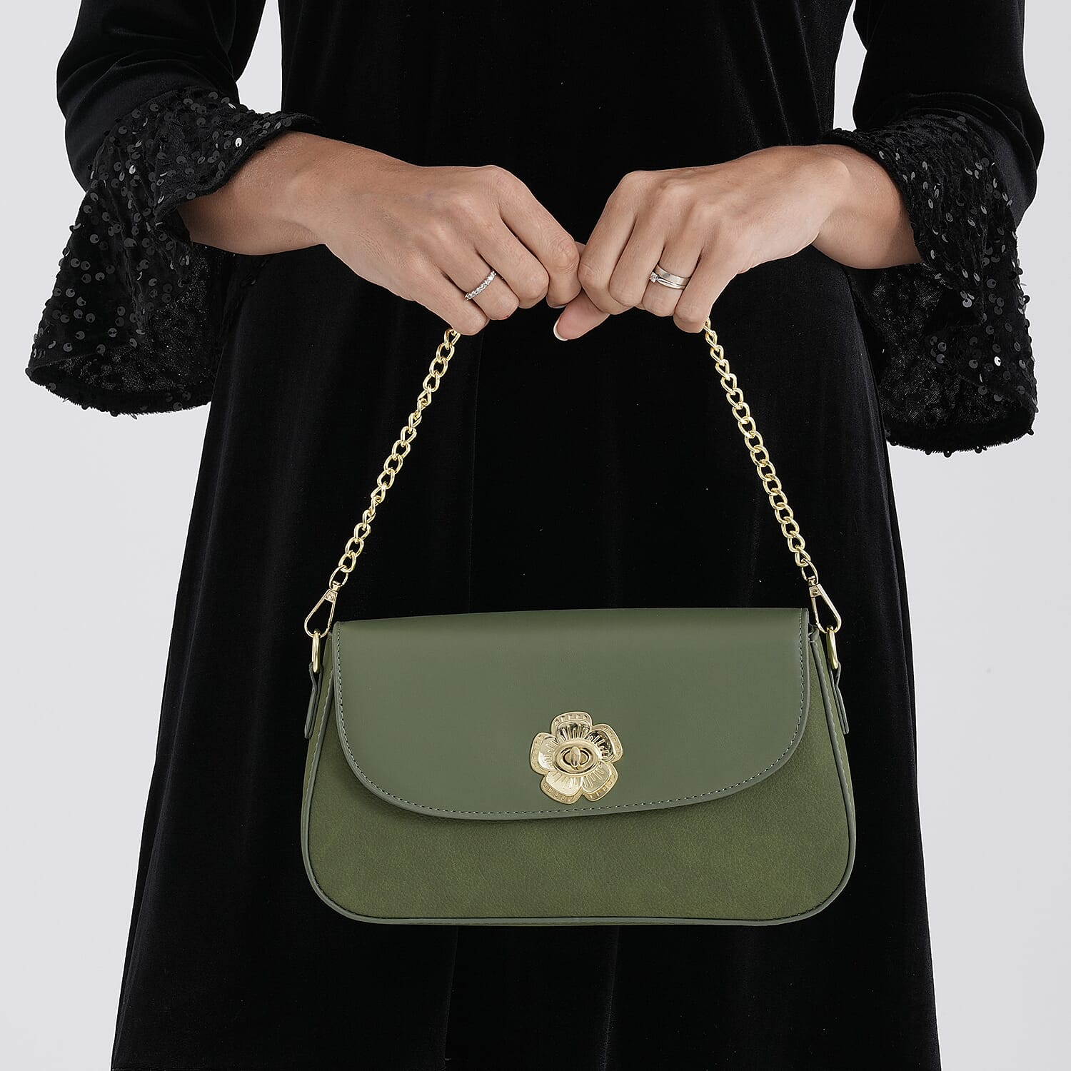 Designer Inspired - Convertible Clutch & Baguette Shoulder Bag with Chain Strap - Pine Green