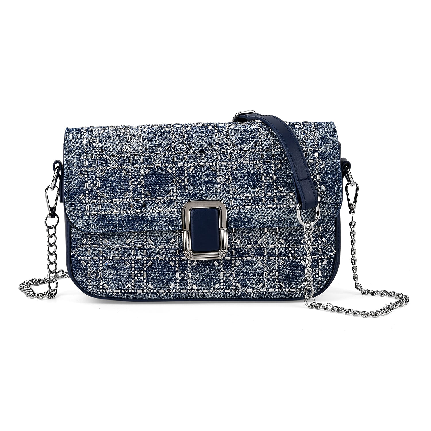 LA MAREY Designer Sling Handbag with Elegant Silver-Tone Chain Strap - Denim Blue