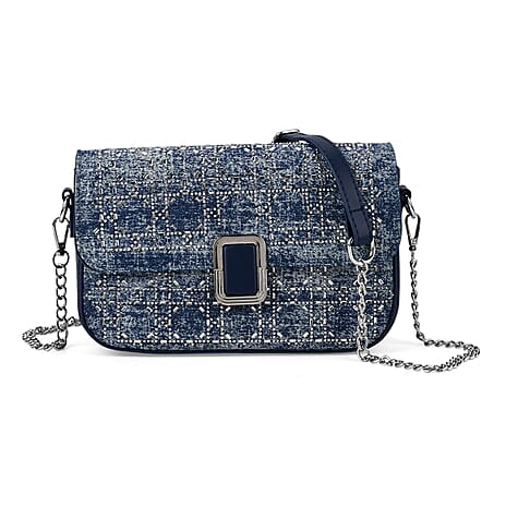 LA MAREY Designer Sling Handbag with Elegant Silver-Tone Chain Strap - Denim Blue