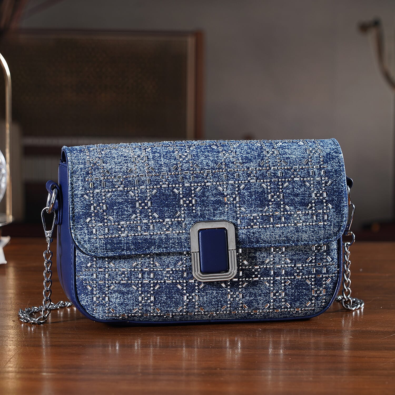 LA MAREY Designer Sling Handbag with Elegant Silver-Tone Chain Strap - Denim Blue