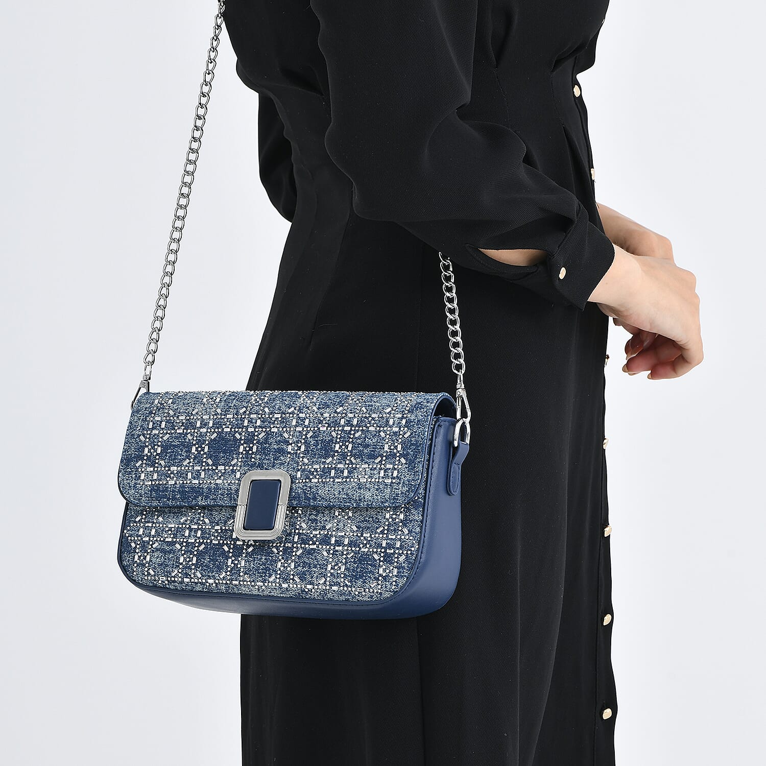 LA MAREY Designer Sling Handbag with Elegant Silver-Tone Chain Strap - Denim Blue