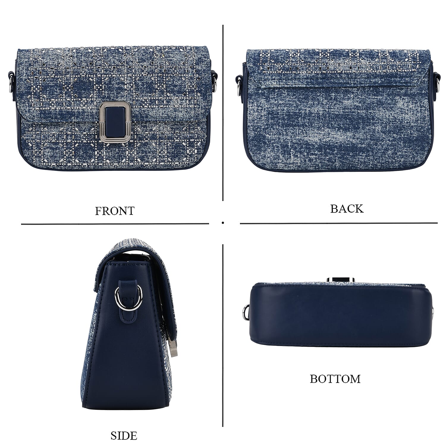 LA MAREY Designer Sling Handbag with Elegant Silver-Tone Chain Strap - Denim Blue