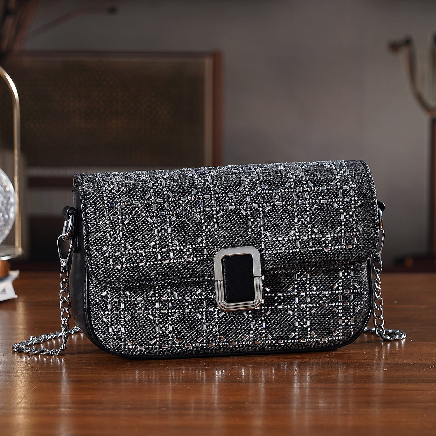 LA MAREY Designer Sling Handbag with Elegant Silver-Tone Chain Strap - Black