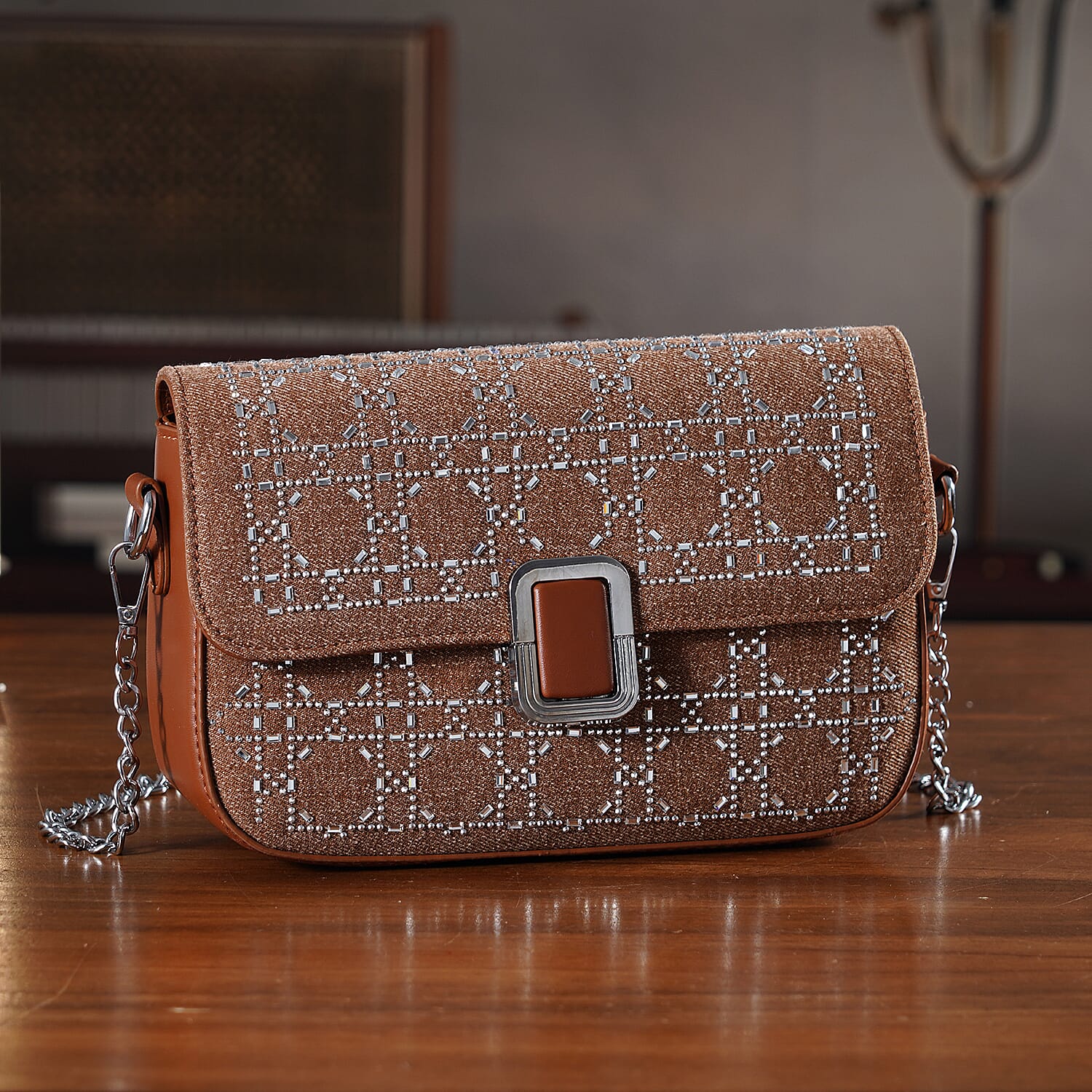 LA MAREY Designer Sling Handbag with Elegant Silver-Tone Chain Strap - Brown