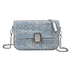 LA MAREY Designer Sling Handbag with Elegant Silver-Tone Chain Strap - Denim Blue