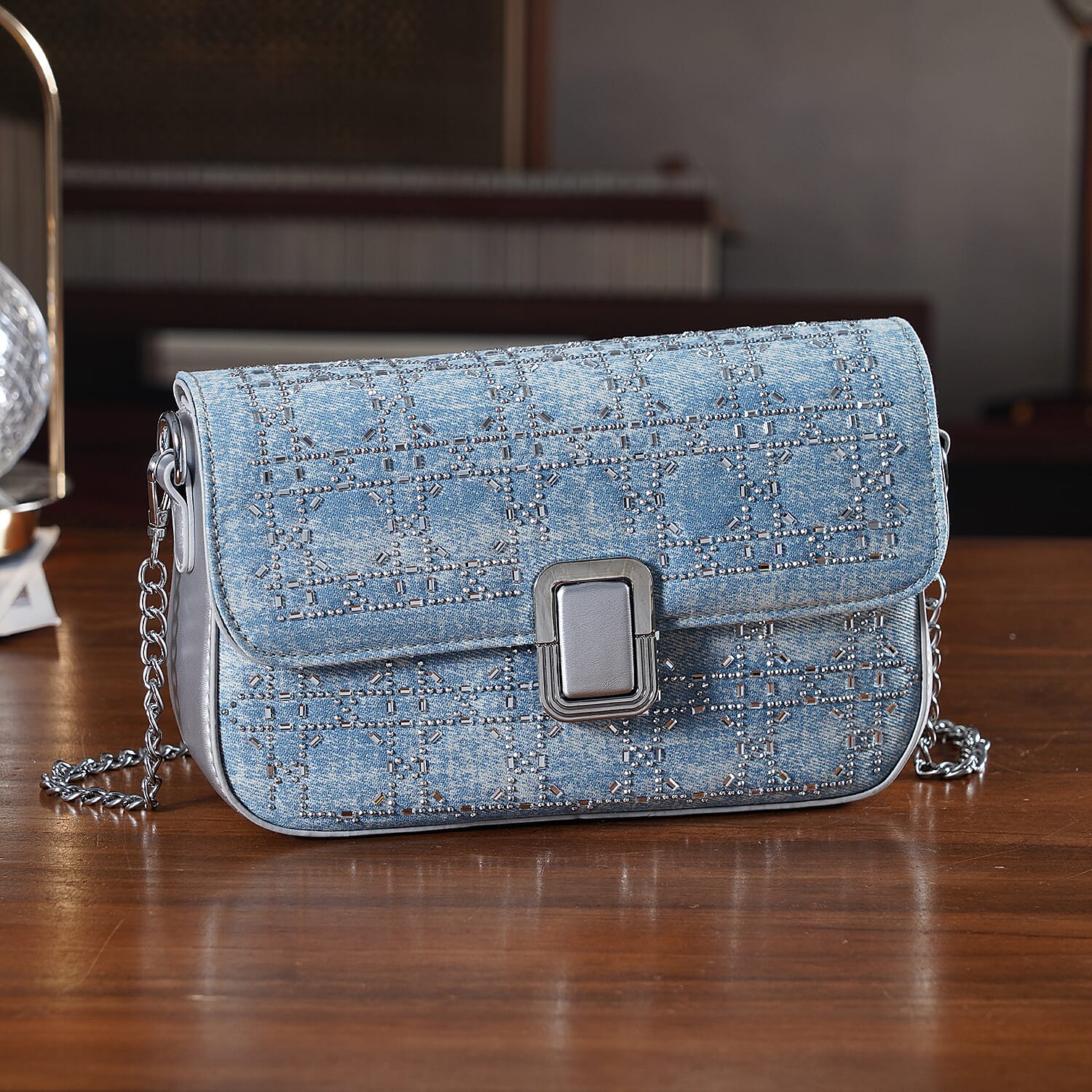 LA MAREY Designer Sling Handbag with Elegant Silver-Tone Chain Strap - Light Blue